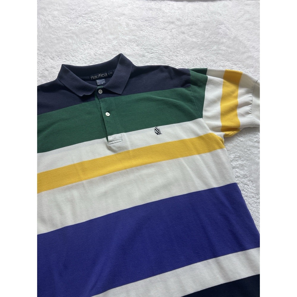 Nautica Polo Shirt Mens Lg Striped Blue/green/yellow 90s Street Wear